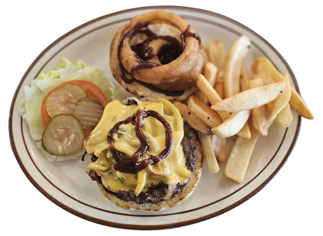 Chubby's Western BBQ burger with onion rings and fries
